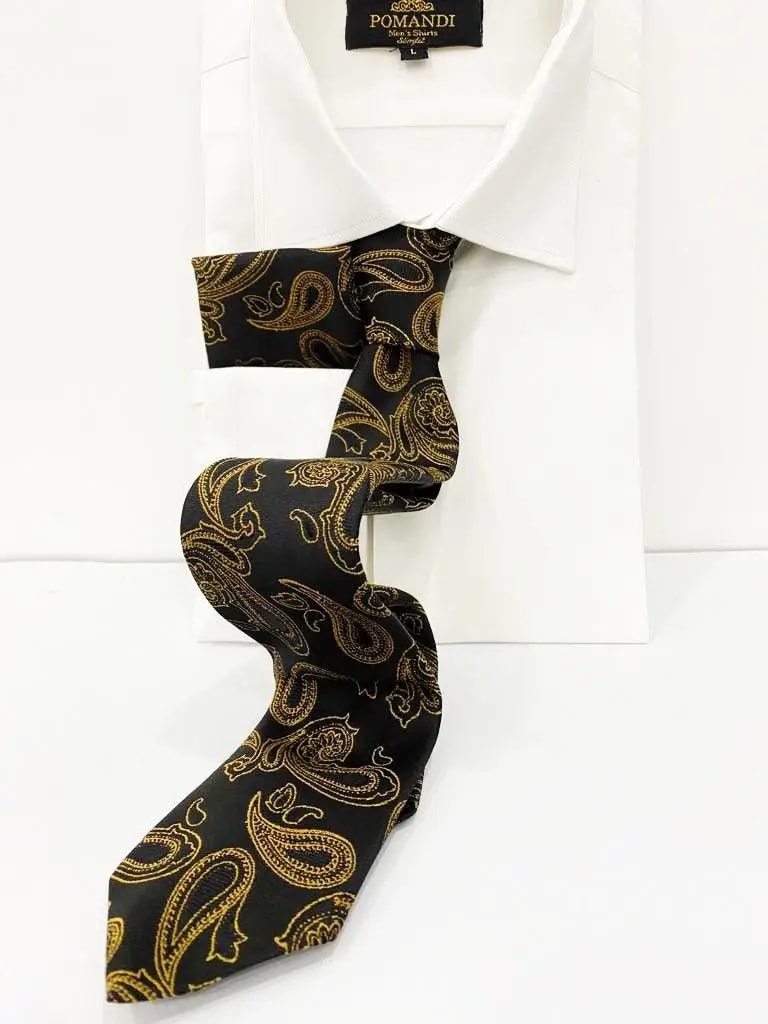 Cravate noire à motifs paisley dorés avec chemise blanche